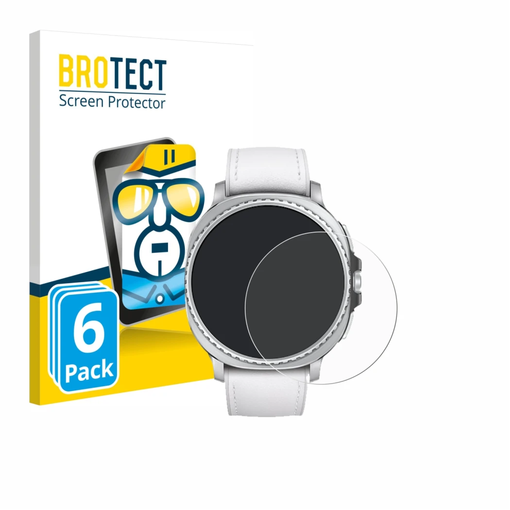 Front side of a product packaging with the brand logo BROTECT. Next to it is the device Samsung Galaxy Watch 8 Classic (46 mm)