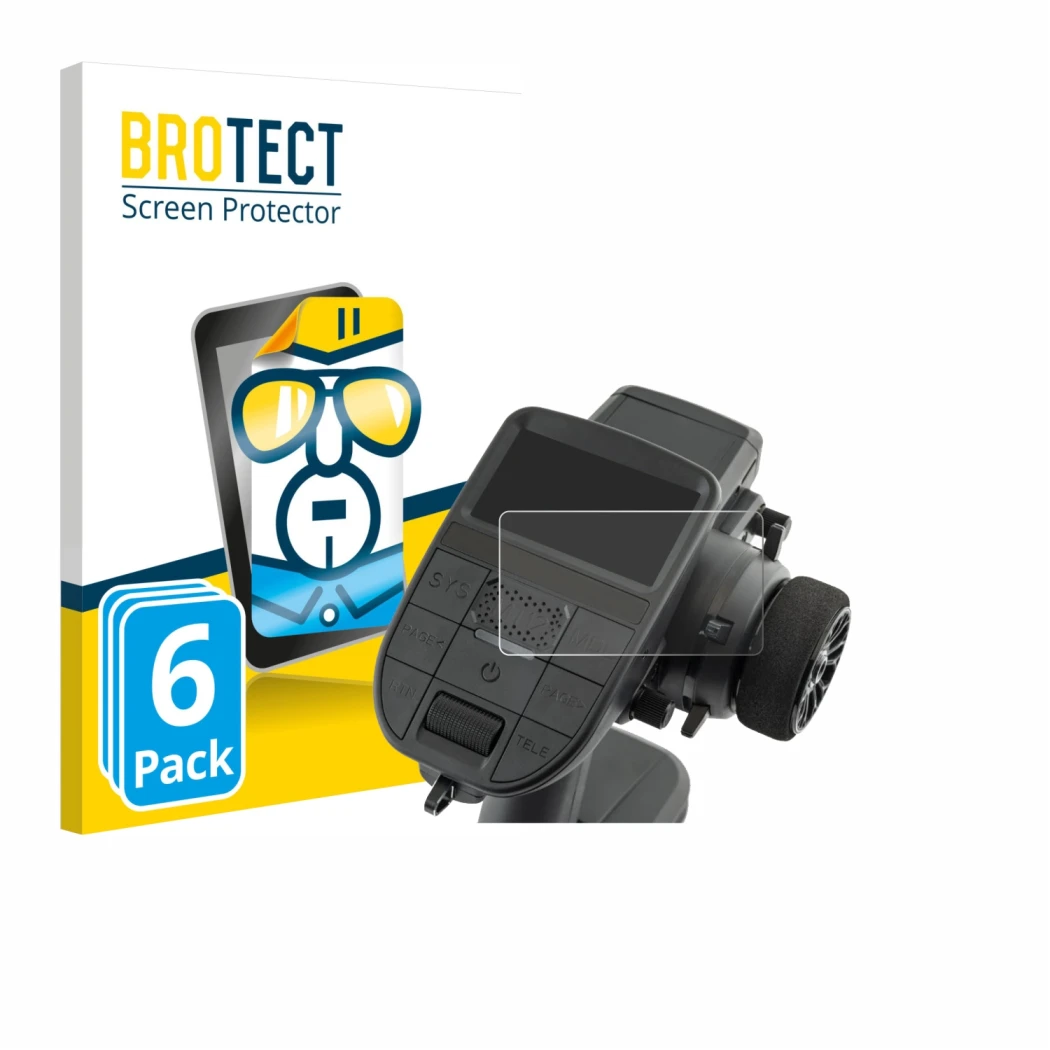 Front side of a product packaging with the brand logo BROTECT. Next to it is the device Radiomaster MT12 shown with the corres