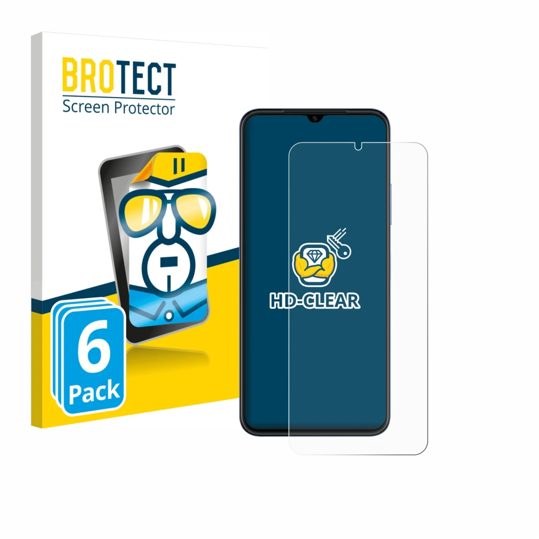 Front side of a product packaging with the brand logo BROTECT. Next to it is the device Huawei Nova Y61 shown with the corresp