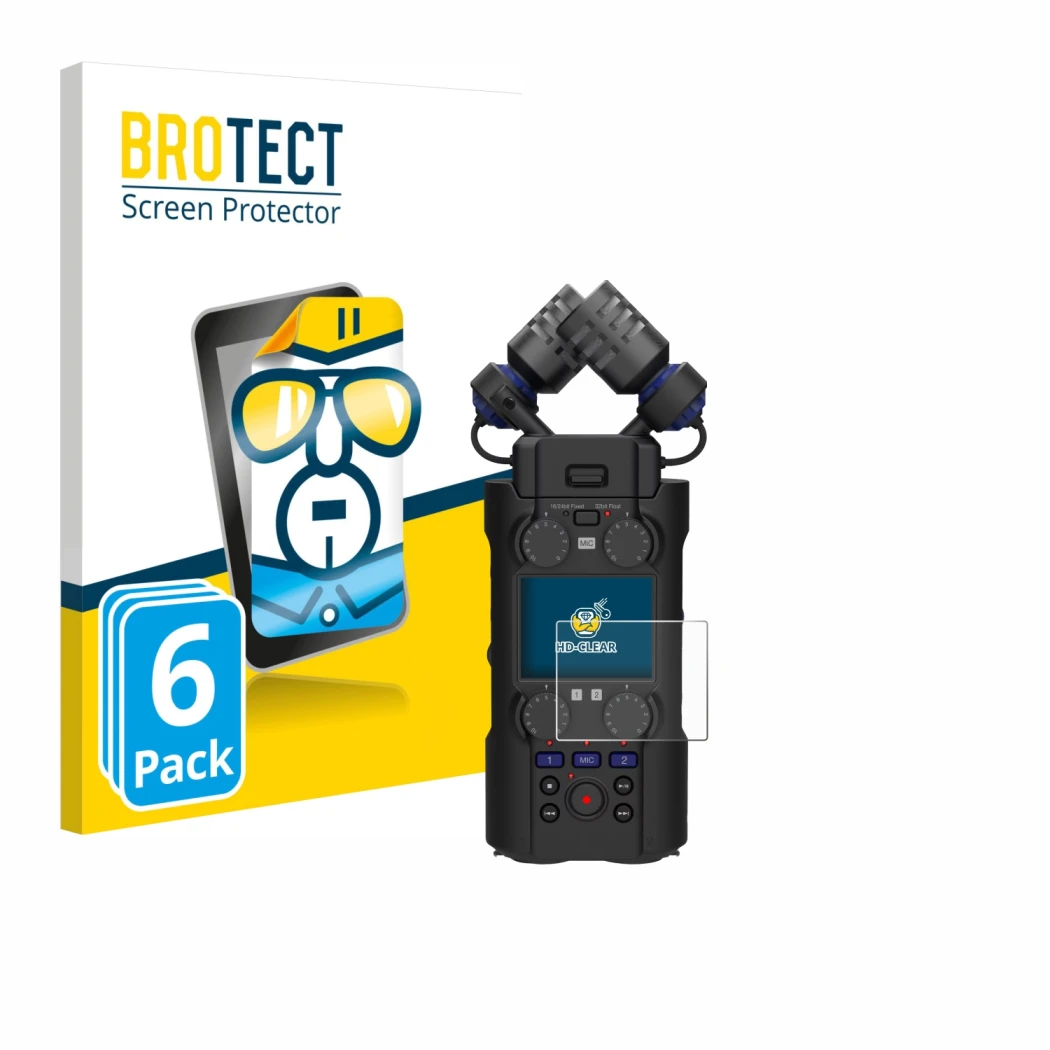 Front side of a product packaging with the brand logo BROTECT. Next to it is the device Zoom H5 Studio shown with the correspo