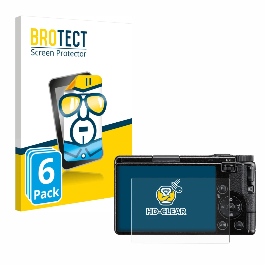 Front side of a product packaging with the brand logo BROTECT. Next to it is the device Ricoh GR IV 2025 shown with the corres