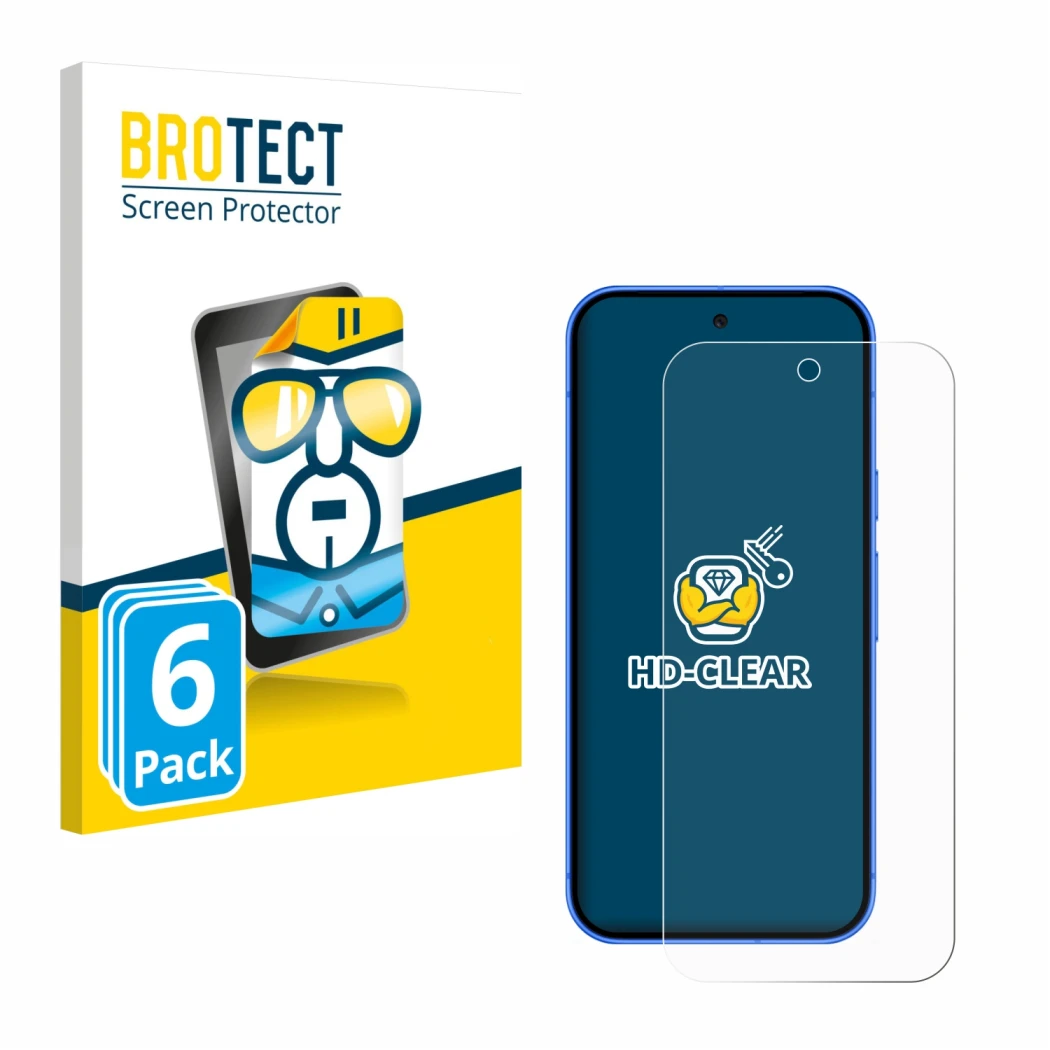 Front side of a product packaging with the brand logo BROTECT. Next to it is the device Google Pixel 10 shown with the corresp