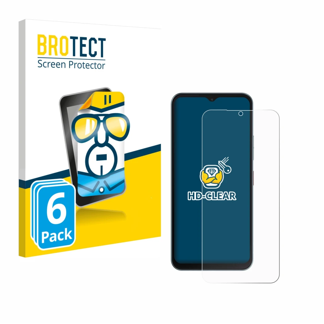 Front side of a product packaging with the brand logo BROTECT. Next to it is the device Telekom T Phone 3 shown with the corre