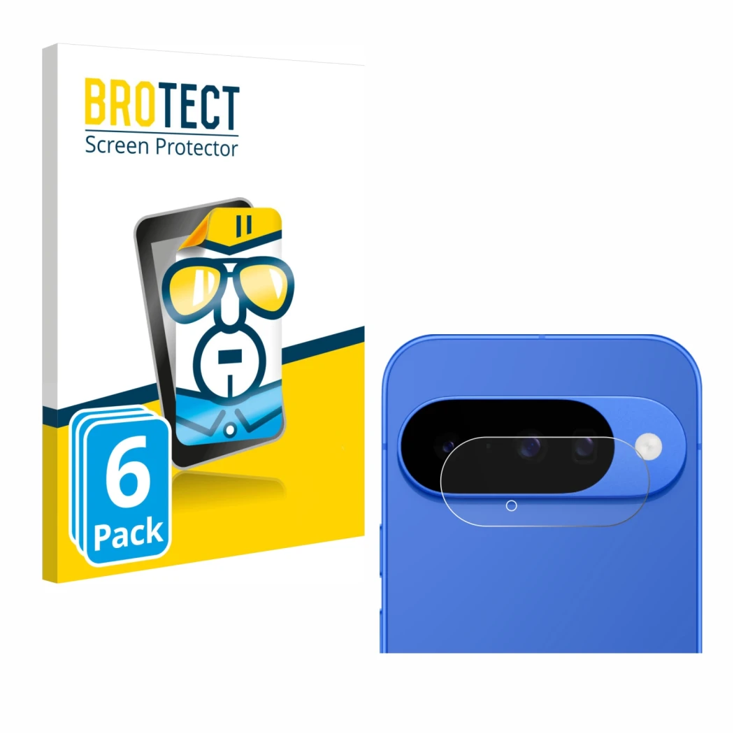 Front side of a product packaging with the brand logo BROTECT. Next to it is the device Google Pixel 10 (ONLY Camera Lens) sho