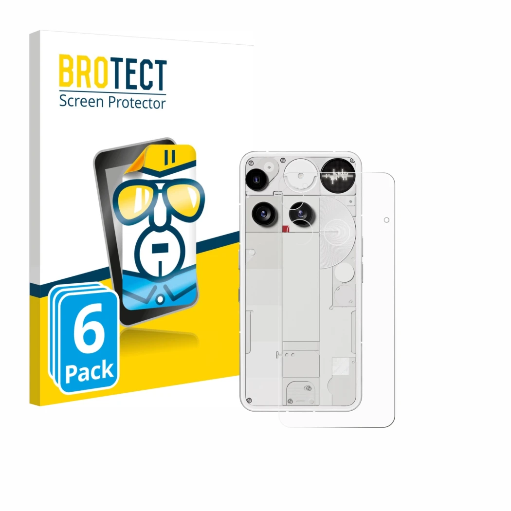 Front side of a product packaging with the brand logo BROTECT. Next to it is the device Nothing Phone (3) (Back) shown with th
