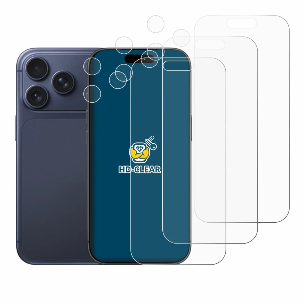 Image of the device Apple iPhone 17 Pro (Front+Camera) with a wide variety of screen protectors.