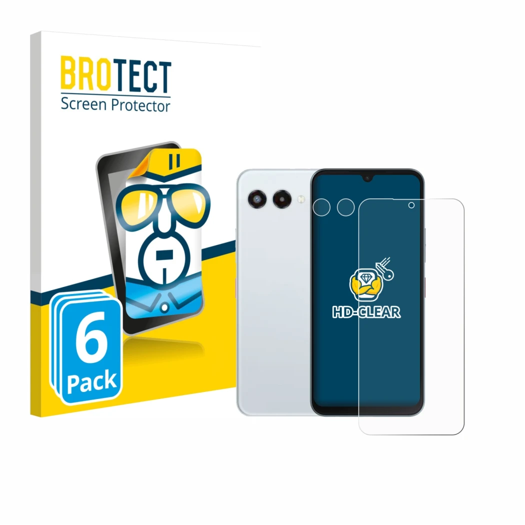 Front side of a product packaging with the brand logo BROTECT. Next to it is the device Telekom T Phone 3 (Front+Camera) shown