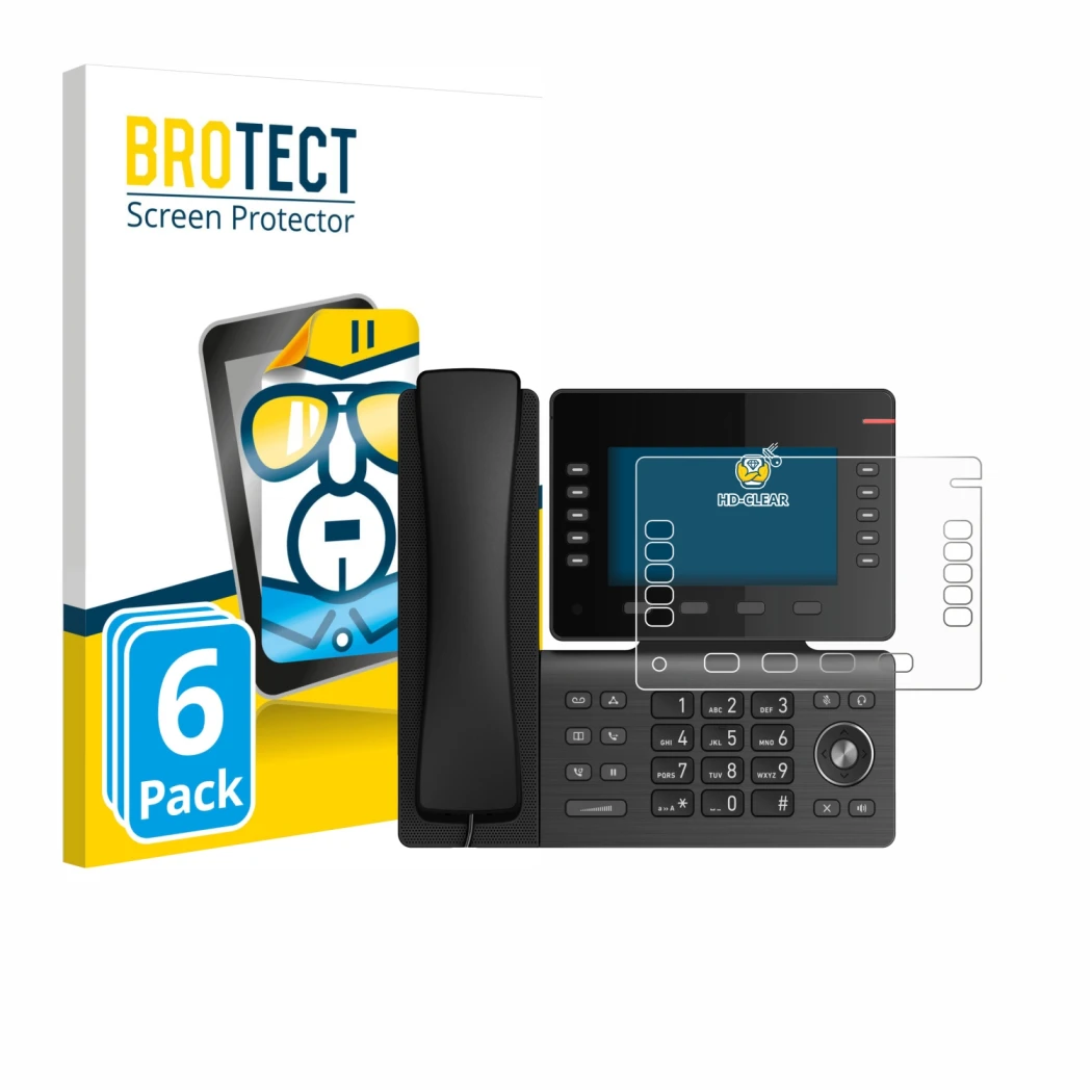 Front side of a product packaging with the brand logo BROTECT. Next to it is the device Snom D865 shown with the corresponding