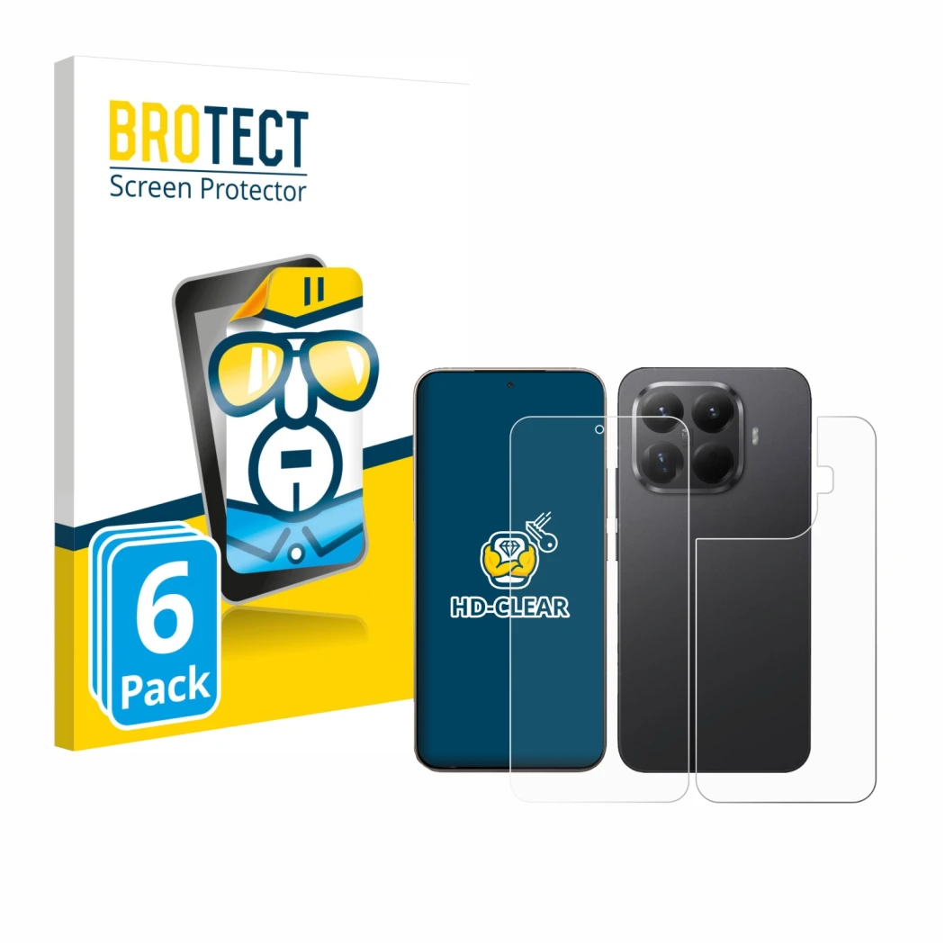 Front side of a product packaging with the brand logo BROTECT. Next to it is the device Xiaomi 15T Pro (Front+Back) shown with