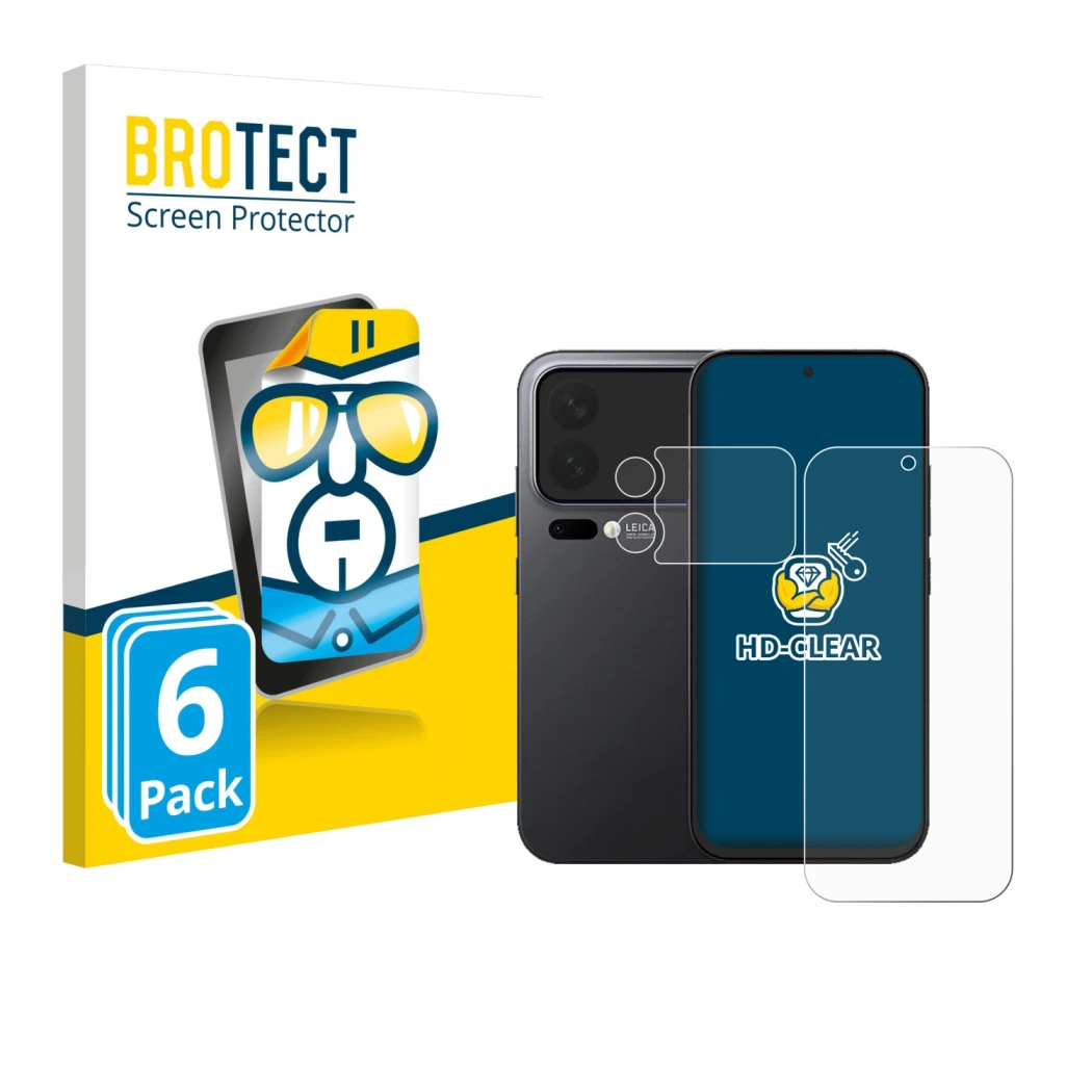 Front side of a product packaging with the brand logo BROTECT. Next to it is the device Xiaomi 17 Pro (Front+Camera) shown wit