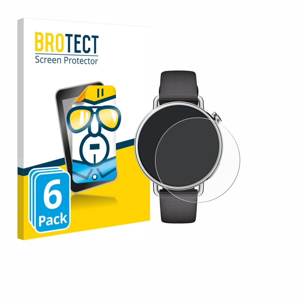 Front side of a product packaging with the brand logo BROTECT. Next to it is the device Xiaomi Watch S4 (41 mm) shown with the