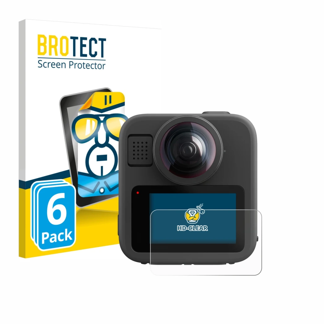 Front side of a product packaging with the brand logo BROTECT. Next to it is the device GoPro Max 2 shown with the correspondi