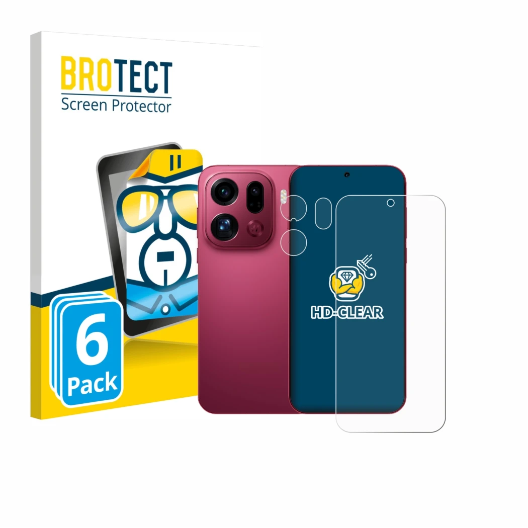 Front side of a product packaging with the brand logo BROTECT. Next to it is the device Oppo Find X9 Pro (Front+Camera) shown 