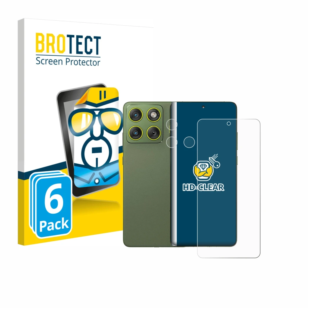 Front side of a product packaging with the brand logo BROTECT. Next to it is the device Motorola Edge 70 (Front+Camera) shown