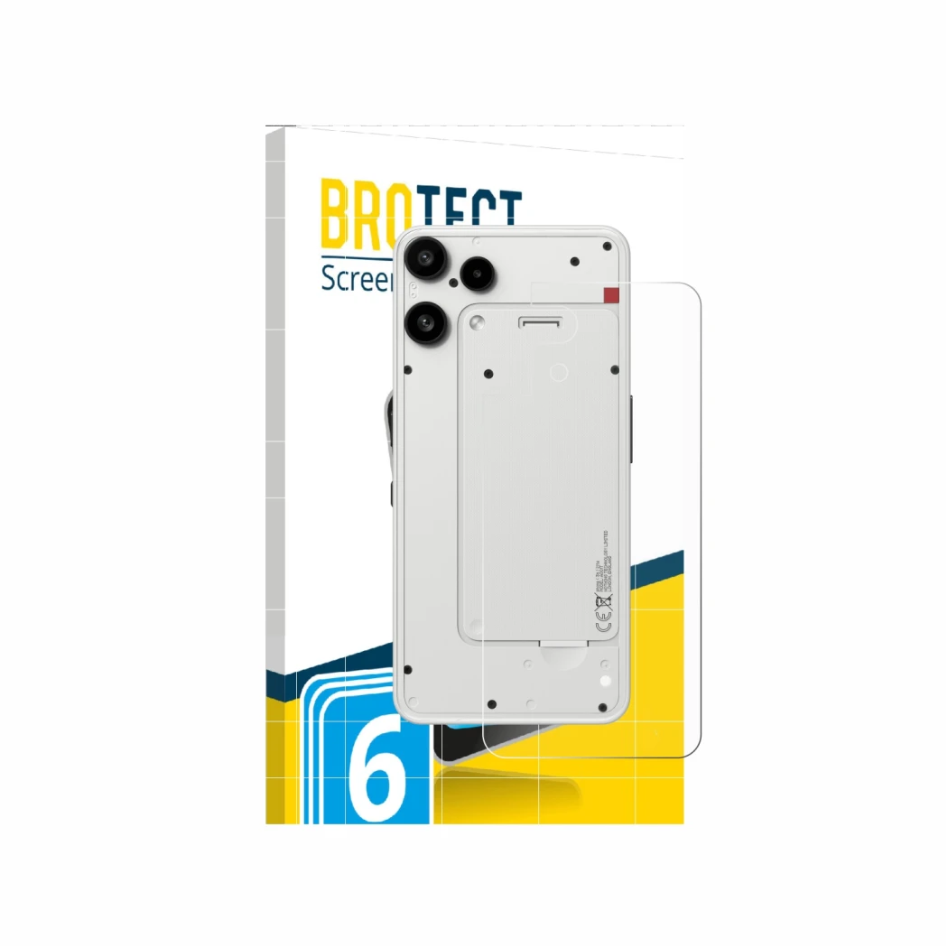 Front side of a product packaging with the brand logo BROTECT. Next to it is the device Nothing Phone (3a) Lite (Back) shown w