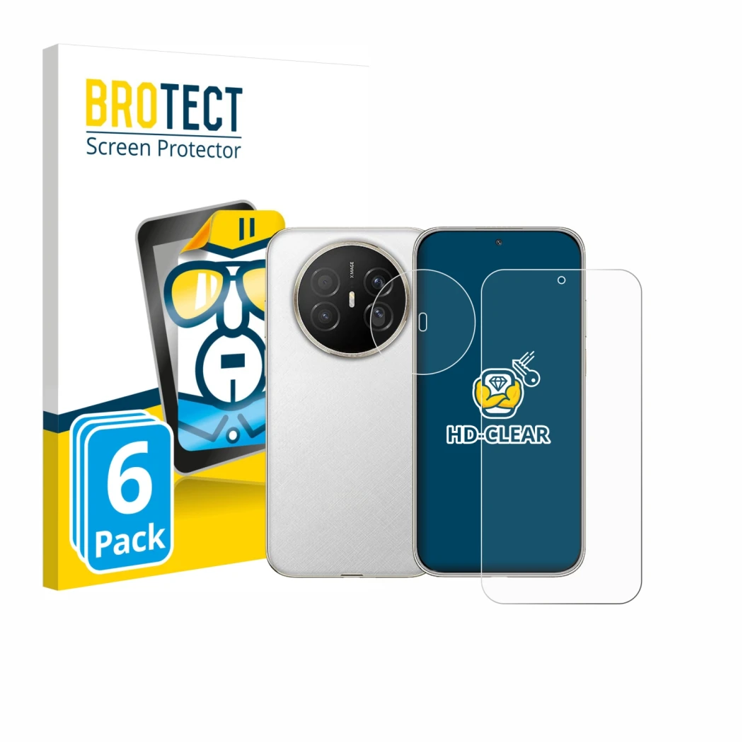 Front side of a product packaging with the brand logo BROTECT. Next to it is the device Huawei Mate 70 Air (Front+Camera) show