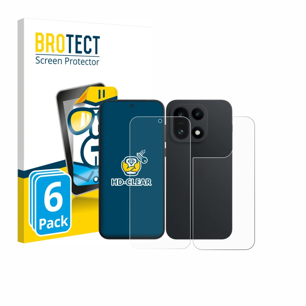 Front side of a product packaging with the brand logo BROTECT. Next to it is the device OnePlus 15 (Front+Back) shown with the