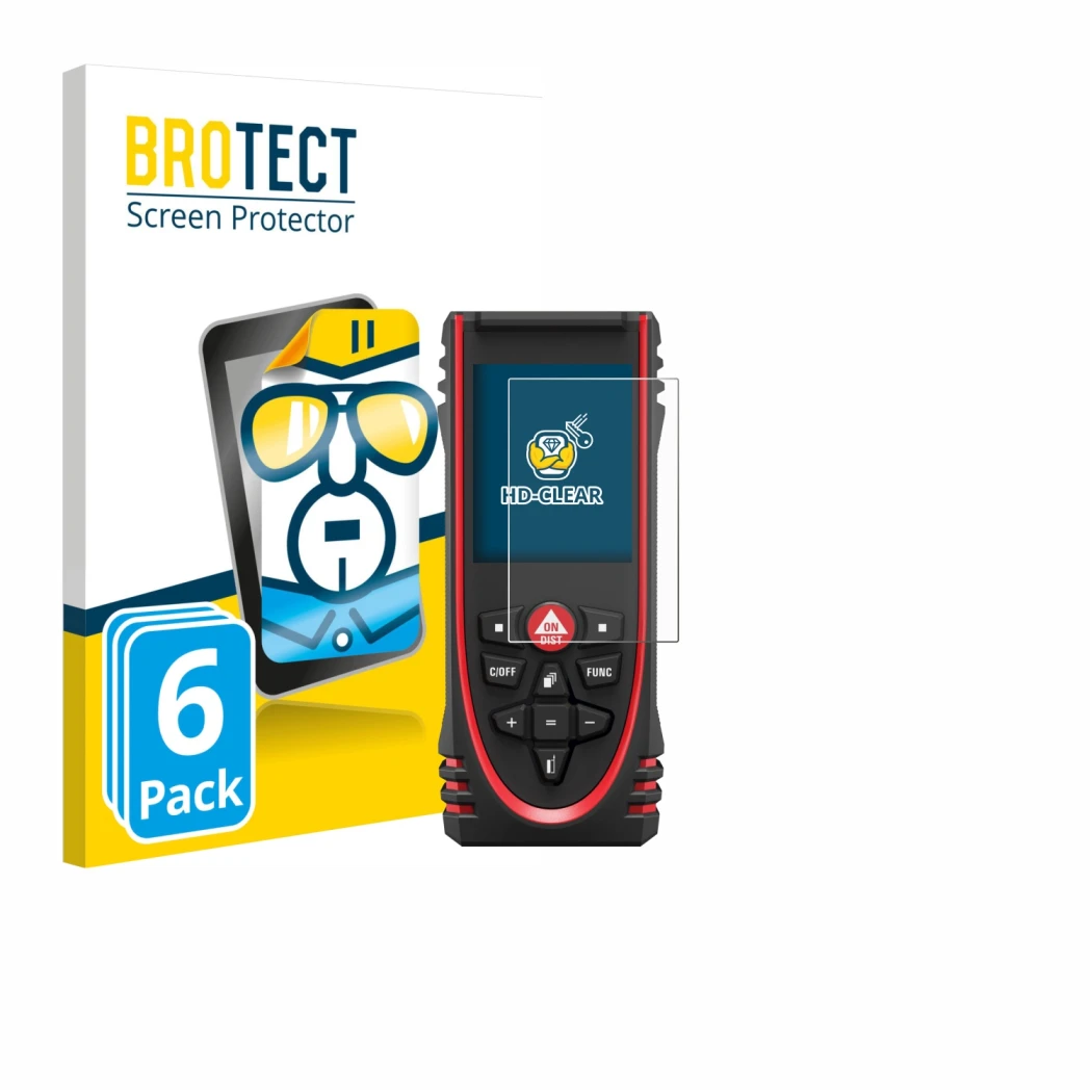 Front side of a product packaging with the brand logo BROTECT. Next to it is the device Leica DISTO X3 shown with the correspo