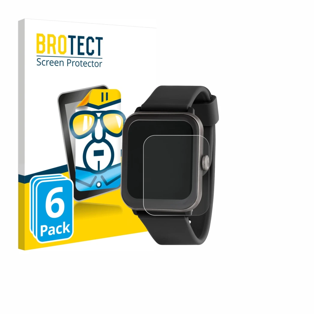 Front side of a product packaging with the brand logo BROTECT. Next to it is the device Sector Smartwatch S-08 shown with the 