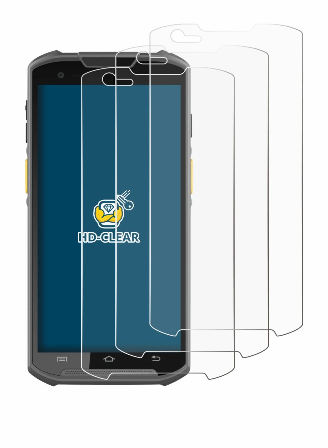 Image of the device Newland MT93 with a wide variety of screen protectors.