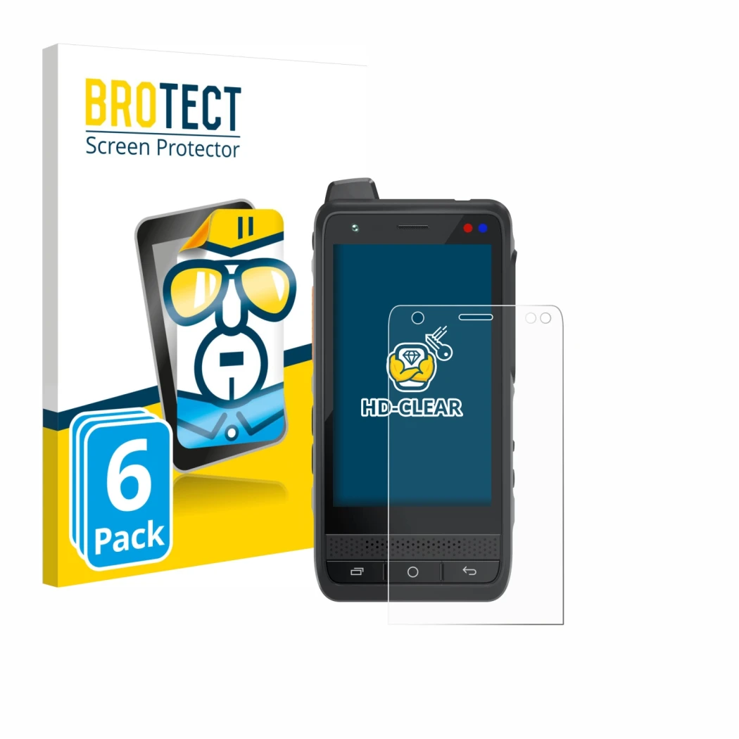 Front side of a product packaging with the brand logo BROTECT. Next to it is the device Uniwa F400 shown with the correspondin