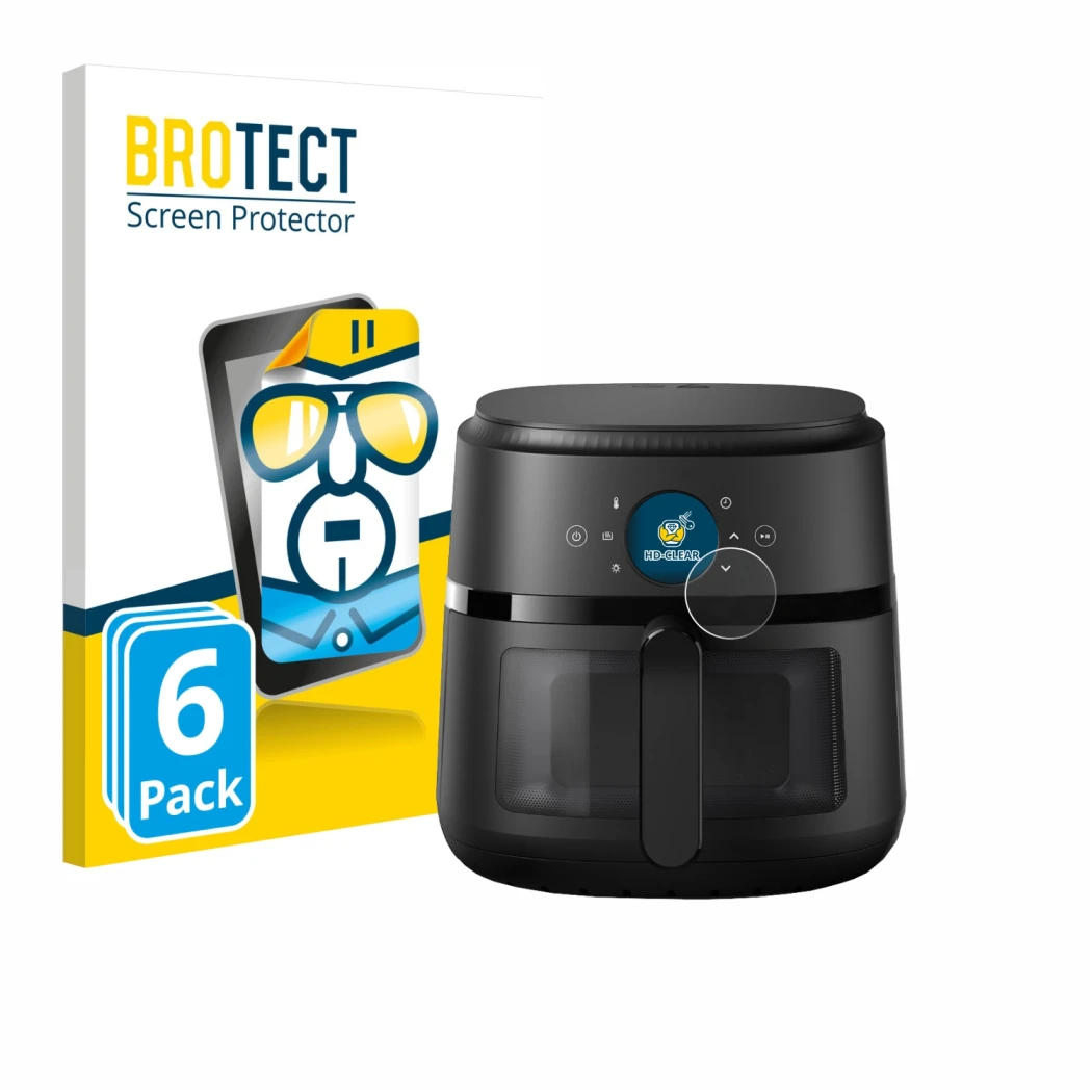 Front side of a product packaging with the brand logo BROTECT. Next to it is the device Philips Airfryer 2000 Gen 2 6,2L shown
