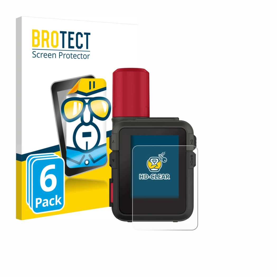 Front side of a product packaging with the brand logo BROTECT. Next to it is the device Garmin inReach Mini 3 Plus shown with