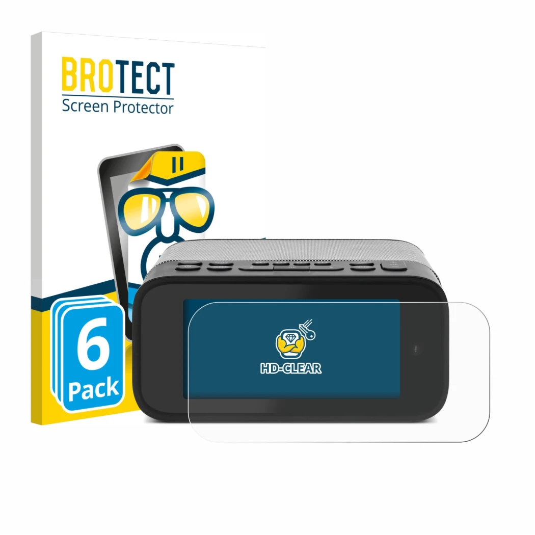 Front side of a product packaging with the brand logo BROTECT. Next to it is the device TechniSat Digitradio 52 BT shown with 