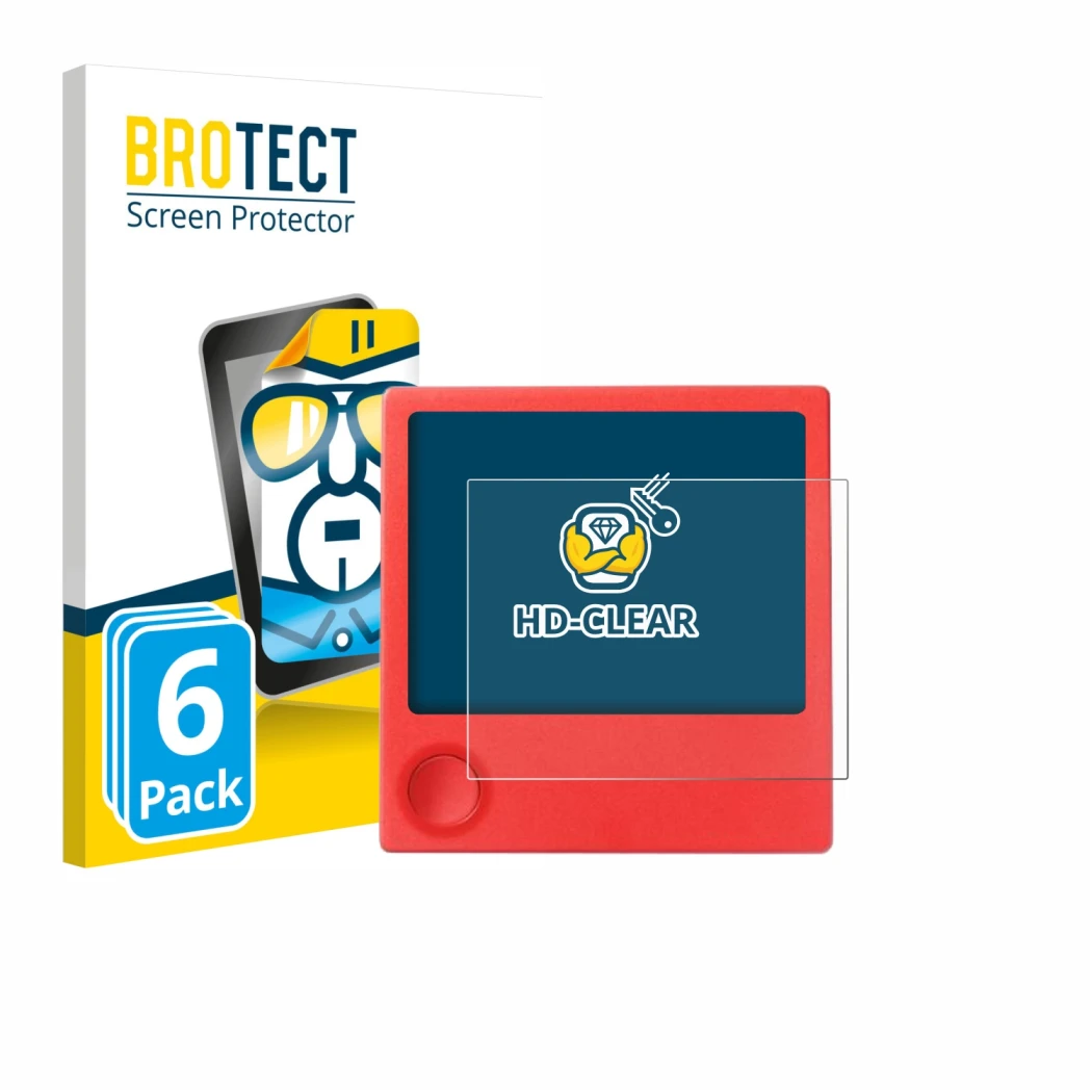Front side of a product packaging with the brand logo BROTECT. Next to it is the device PicPak E-Ink Display shown with the co