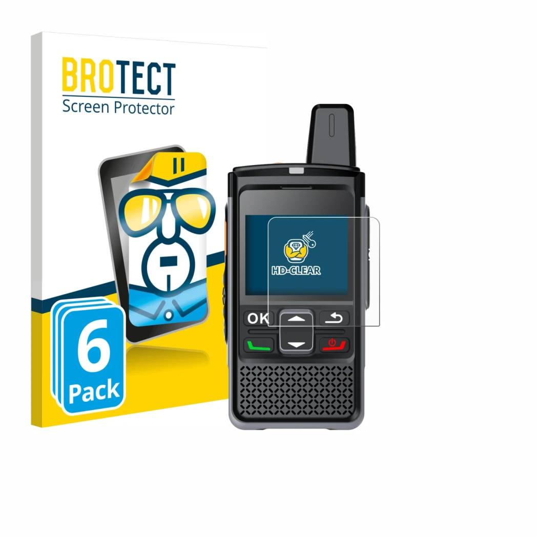 Front side of a product packaging with the brand logo BROTECT. Next to it is the device Hytera PNC360S shown with the correspo