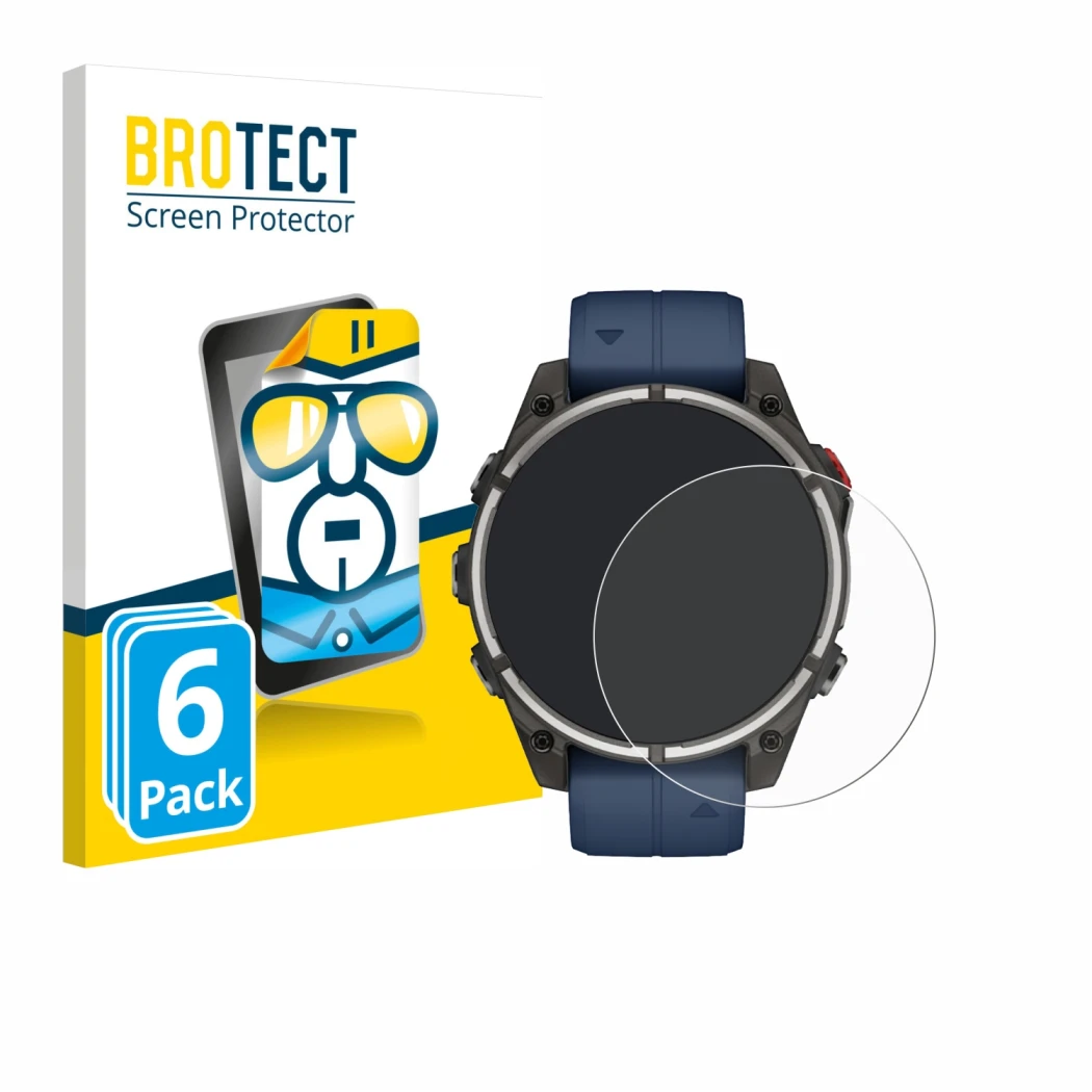 Front side of a product packaging with the brand logo BROTECT. Next to it is the device Garmin quatix 8 Pro (47 mm) shown with