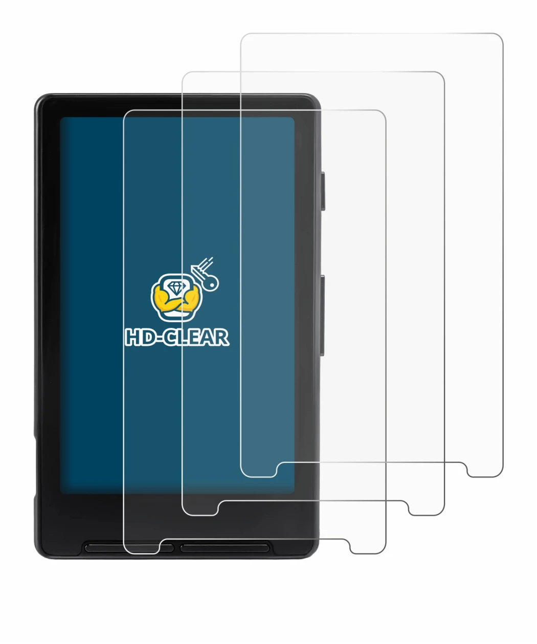 Image of the device Xteink X4 with a wide variety of screen protectors.