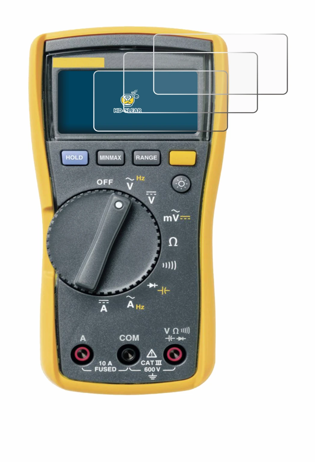 Image of the device Fluke 115 with a wide variety of screen protectors.