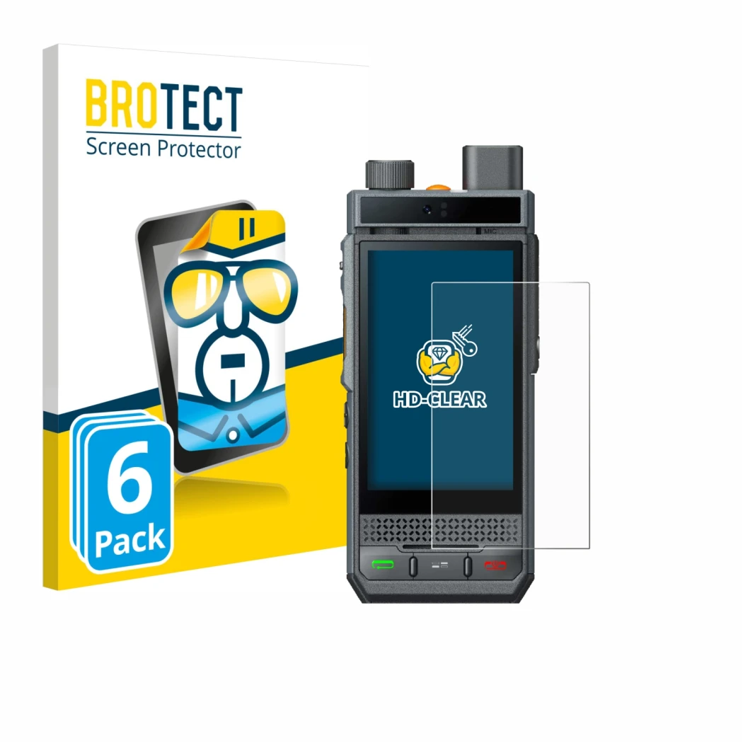Front side of a product packaging with the brand logo BROTECT. Next to it is the device Hytera P60 shown with the correspondin