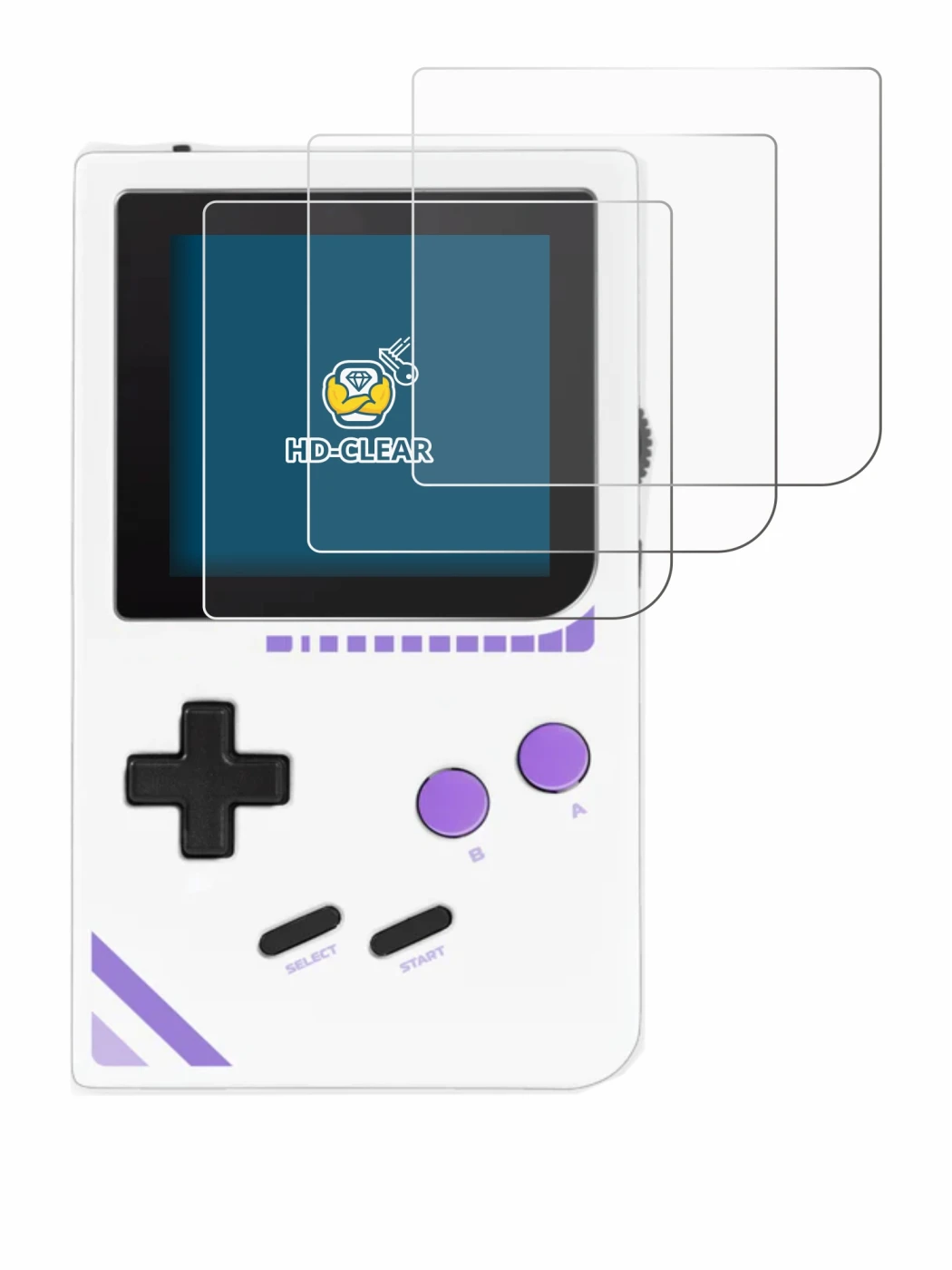 Image of the device Modretro Chromatic with a wide variety of screen protectors.