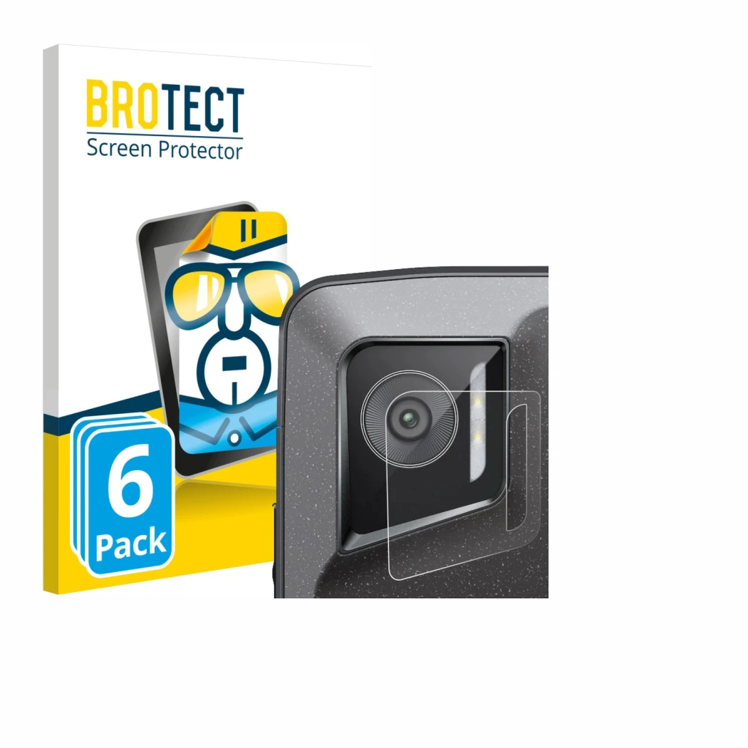 Front side of a product packaging with the brand logo BROTECT. Next to it is the device Crosscall Stellar M6E (ONLY Camera Len