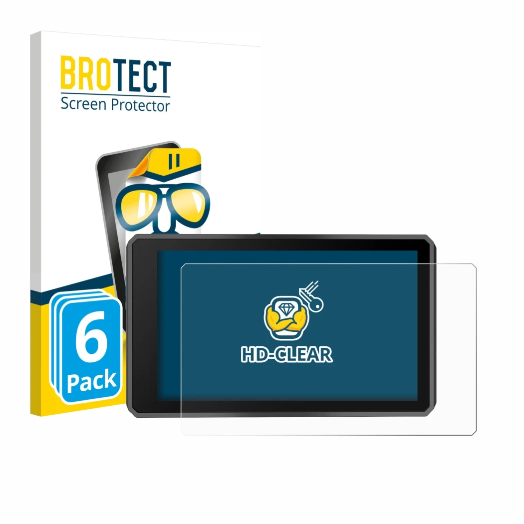 Front side of a product packaging with the brand logo BROTECT. Next to it is the device Garmin zumo XT3 4.7