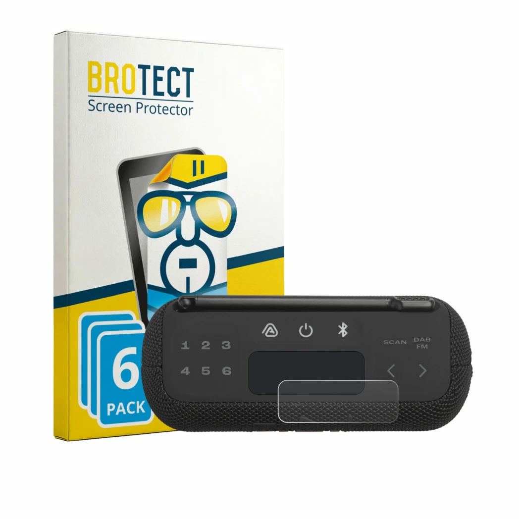 Front side of a product packaging with the brand logo BROTECT. Next to it is the device JBL Tuner 3 shown with the correspondi