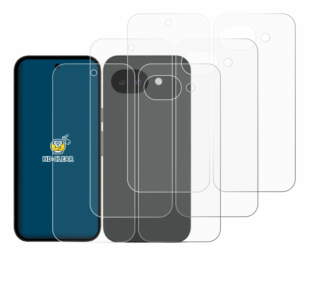 Image of the device Google Pixel 10a (Front+Back) with a wide variety of screen protectors.
