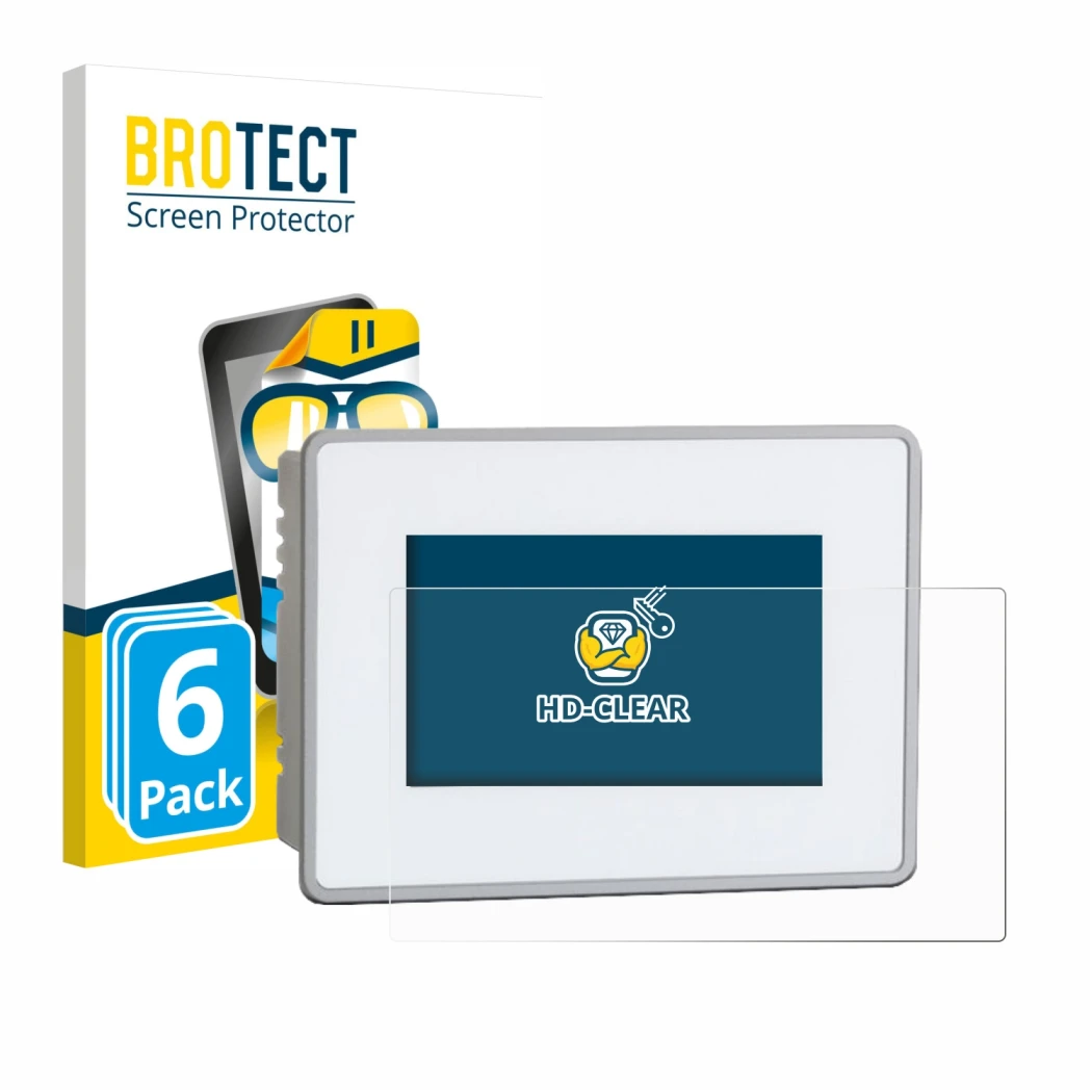 Front side of a product packaging with the brand logo BROTECT. Next to it is the device BUCHER automation JetView 1004 shown w