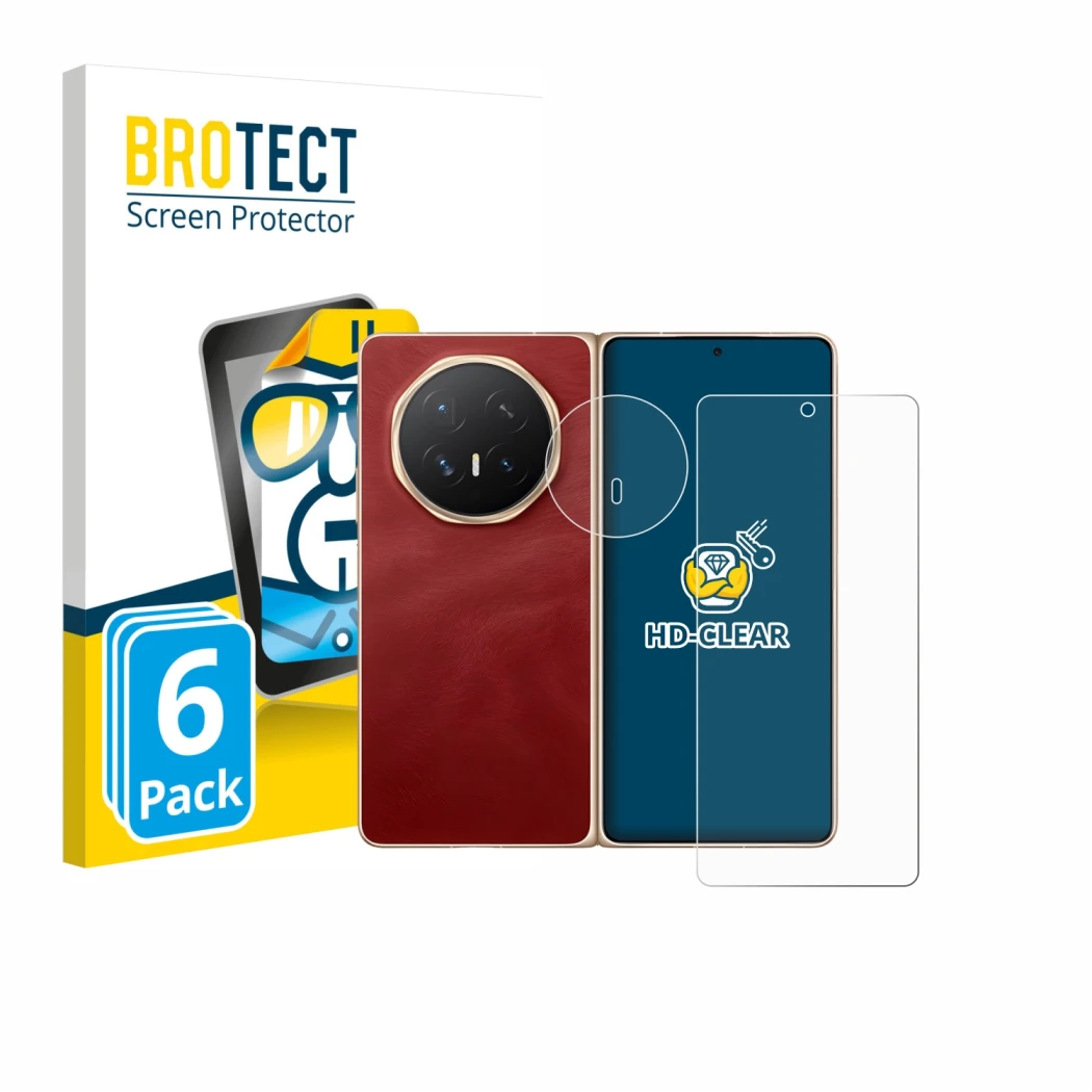 Front side of a product packaging with the brand logo BROTECT. Next to it is the device Honor Magic V6 (Front+Camera) shown wi