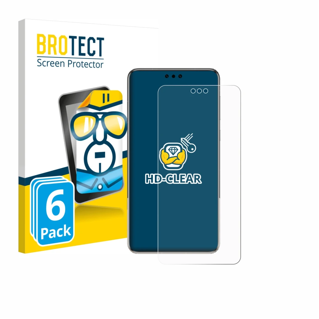 Front side of a product packaging with the brand logo BROTECT. Next to it is the device Huawei Mate 60 Pro Plus shown with the