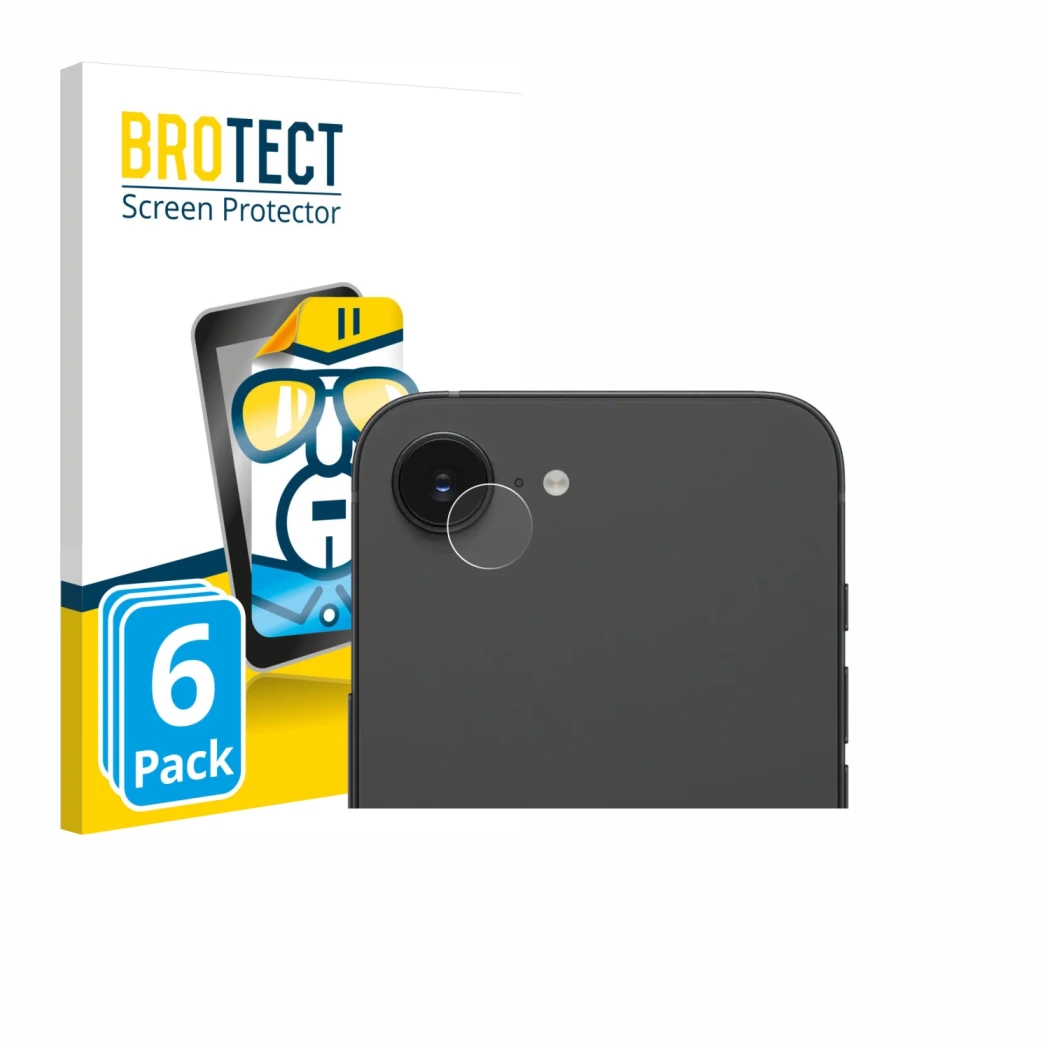 Front side of a product packaging with the brand logo BROTECT. Next to it is the device Apple iPhone 17e (ONLY Camera Lens) sh