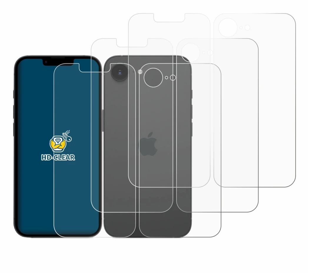 Image of the device Apple iPhone 17e (Front+Back) with a wide variety of screen protectors.