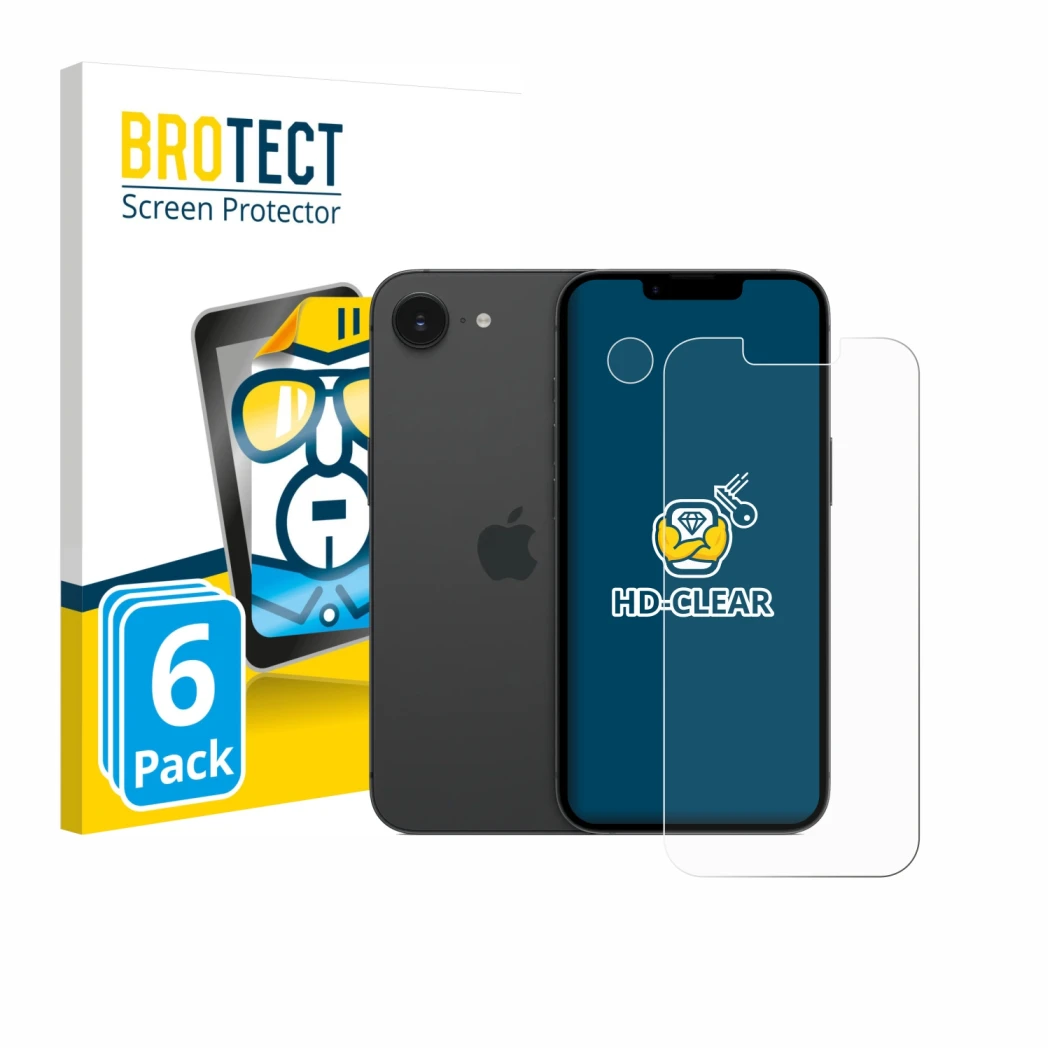 Front side of a product packaging with the brand logo BROTECT. Next to it is the device Apple iPhone 17e (Front+Camera) shown