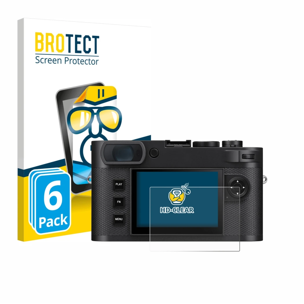 Front side of a product packaging with the brand logo BROTECT. Next to it is the device Leica M EV1 shown with the correspondi