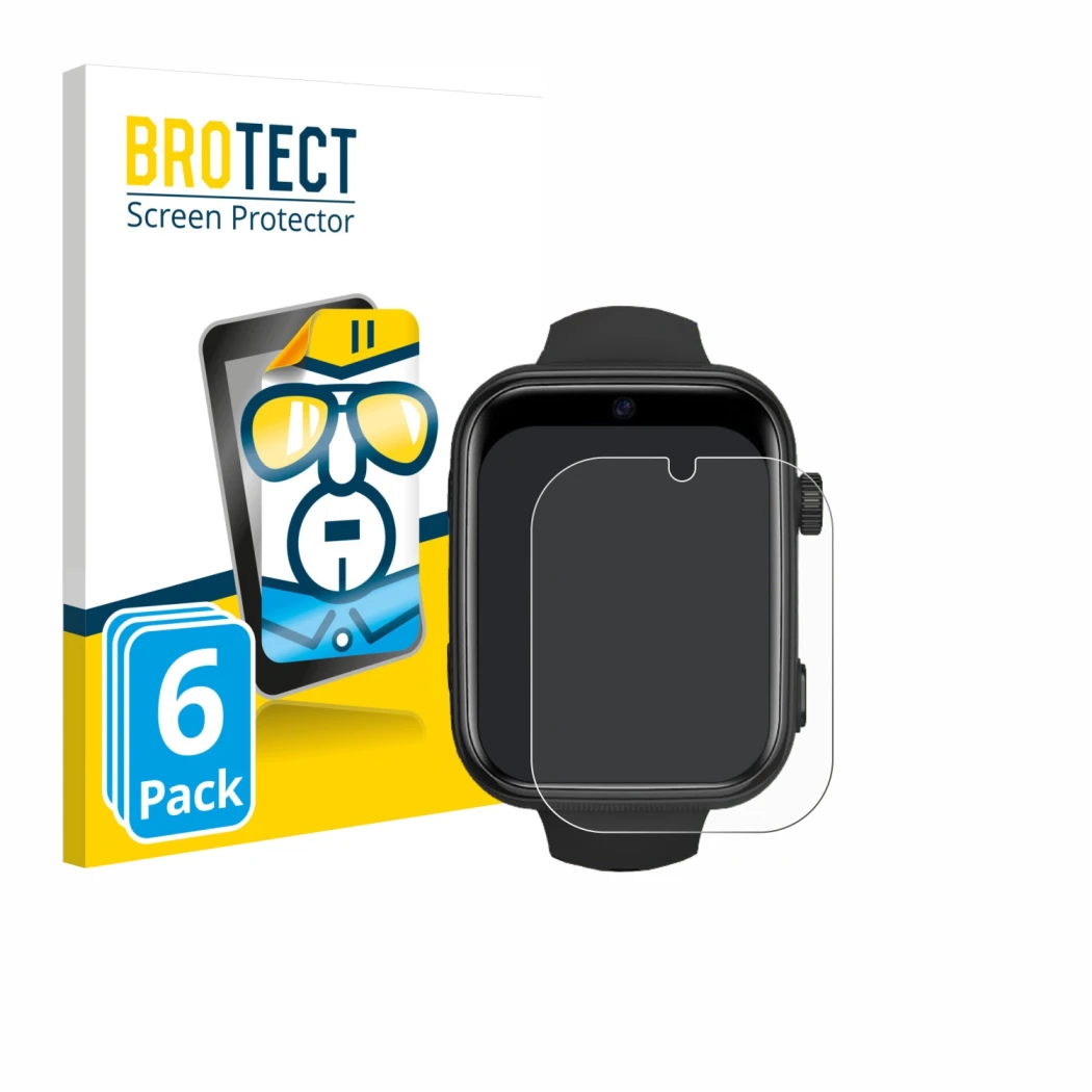 Front side of a product packaging with the brand logo BROTECT. Next to it is the device Aimiuvei Kids Smartwatch shown with th