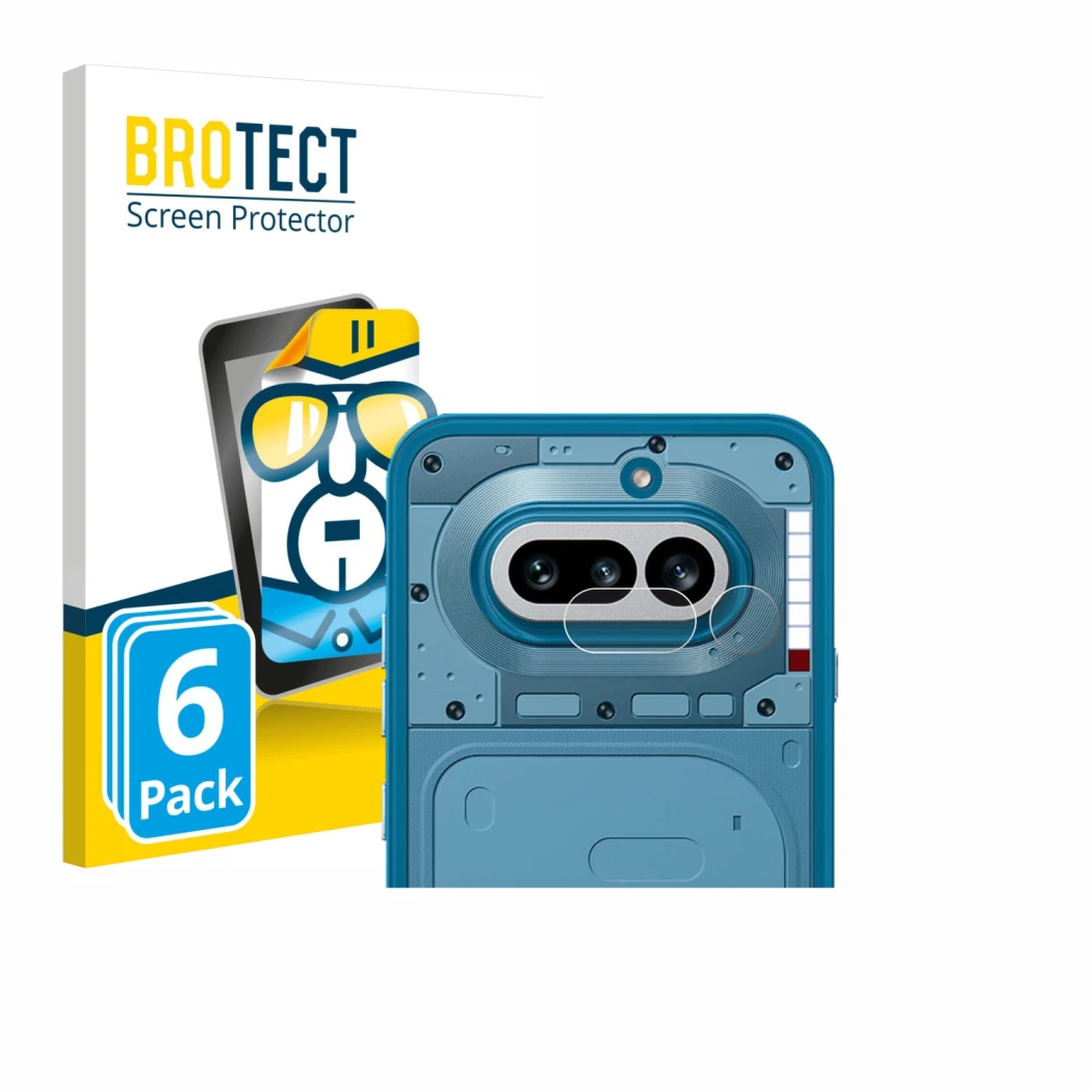 Front side of a product packaging with the brand logo BROTECT. Next to it is the device Nothing Phone (4a) (ONLY Camera Lens) 