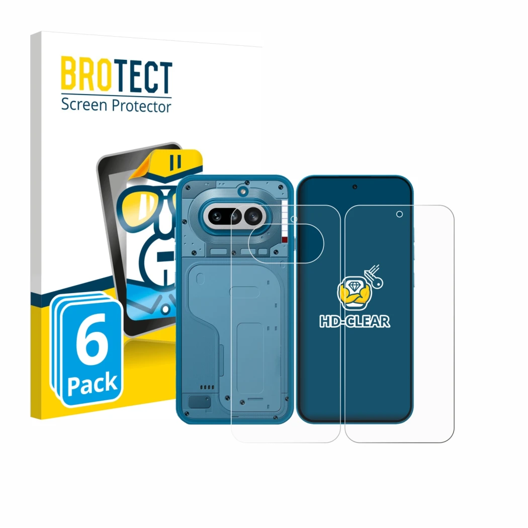 Front side of a product packaging with the brand logo BROTECT. Next to it is the device Nothing Phone (4a) (Front+Back) shown 