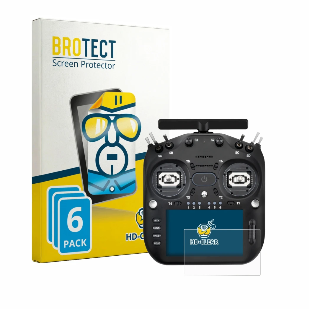 Front side of a product packaging with the brand logo BROTECT. Next to it is the device Radiomaster TX16S MK3 shown with the c